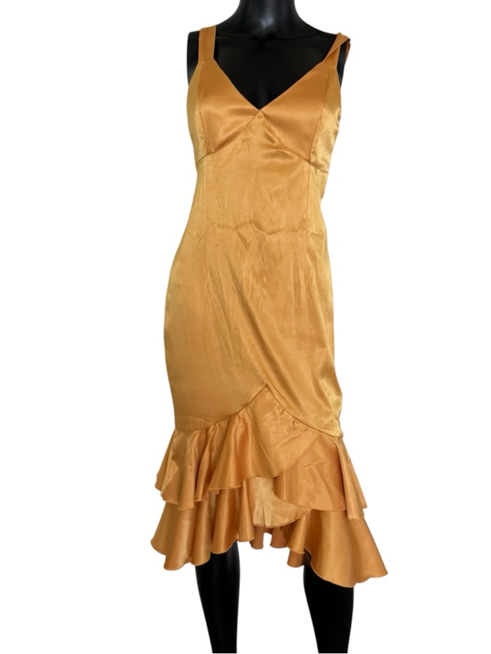 Golden Satin V-Neck Midi Dress with Ruffle Hem